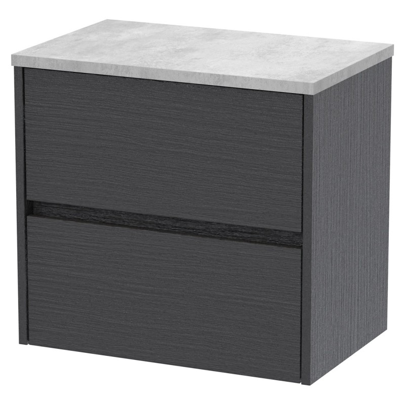 Havana 600mm Wall Hung 2 Drawer Vanity Unit with Bellato Grey Worktop - Graphite Grey Woodgrain Havana 600mm Wall Hung 2 Drawer Vanity Unit with Bellato Grey Worktop - Graphite Grey Woodgrain