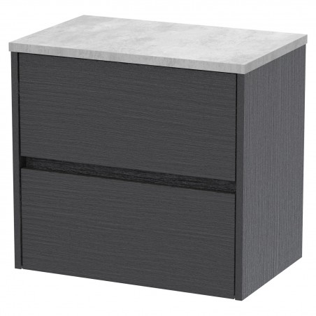 Havana 600mm Wall Hung 2 Drawer Vanity Unit with Bellato Grey Worktop - Graphite Grey Woodgrain