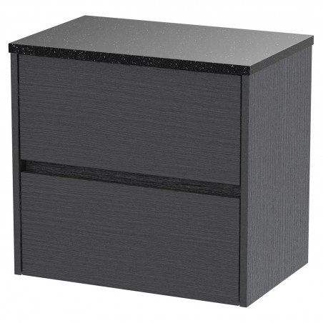 Havana 600mm Wall Hung 2 Drawer Vanity Unit with Sparkling Black Worktop - Graphite Grey Woodgrain