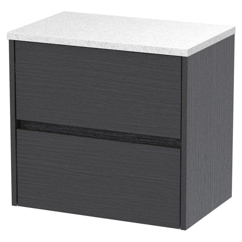 Havana 600mm Wall Hung 2 Drawer Vanity Unit with Sparkling White Worktop - Graphite Grey Woodgrain Havana 600mm Wall Hung 2 Drawer Vanity Unit with Sparkling White Worktop - Graphite Grey Woodgrain