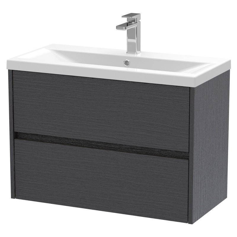 Havana 800mm Wall Hung 2 Drawer Vanity Unit with Mid-Edge Ceramic Basin - Graphite Grey Woodgrain Havana 800mm Wall Hung 2 Drawer Vanity Unit with Mid-Edge Ceramic Basin - Graphite Grey Woodgrain