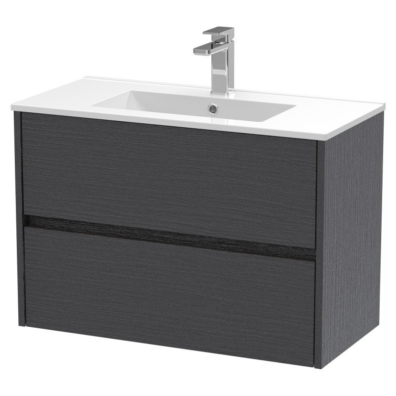 Havana 800mm Wall Hung 2 Drawer Vanity Unit with Minimalist Ceramic Basin - Graphite Grey Woodgrain Havana 800mm Wall Hung 2 Drawer Vanity Unit with Minimalist Ceramic Basin - Graphite Grey Woodgrain