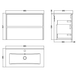 Havana 800mm Wall Hung 2 Drawer Vanity Unit with Minimalist Ceramic Basin - Graphite Grey Woodgrain - Technical Drawing