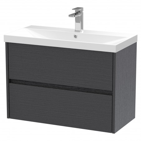 Havana 800mm Wall Hung 2 Drawer Vanity Unit with Thin-Edge Ceramic Basin - Graphite Grey Woodgrain