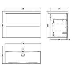 Havana 800mm Wall Hung 2 Drawer Vanity Unit with Thin-Edge Ceramic Basin - Graphite Grey Woodgrain - Technical Drawing