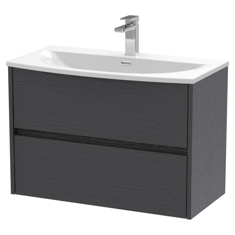 Havana 800mm Wall Hung 2 Drawer Vanity Unit with Curved Ceramic Basin - Graphite Grey Woodgrain Havana 800mm Wall Hung 2 Drawer Vanity Unit with Curved Ceramic Basin - Graphite Grey Woodgrain