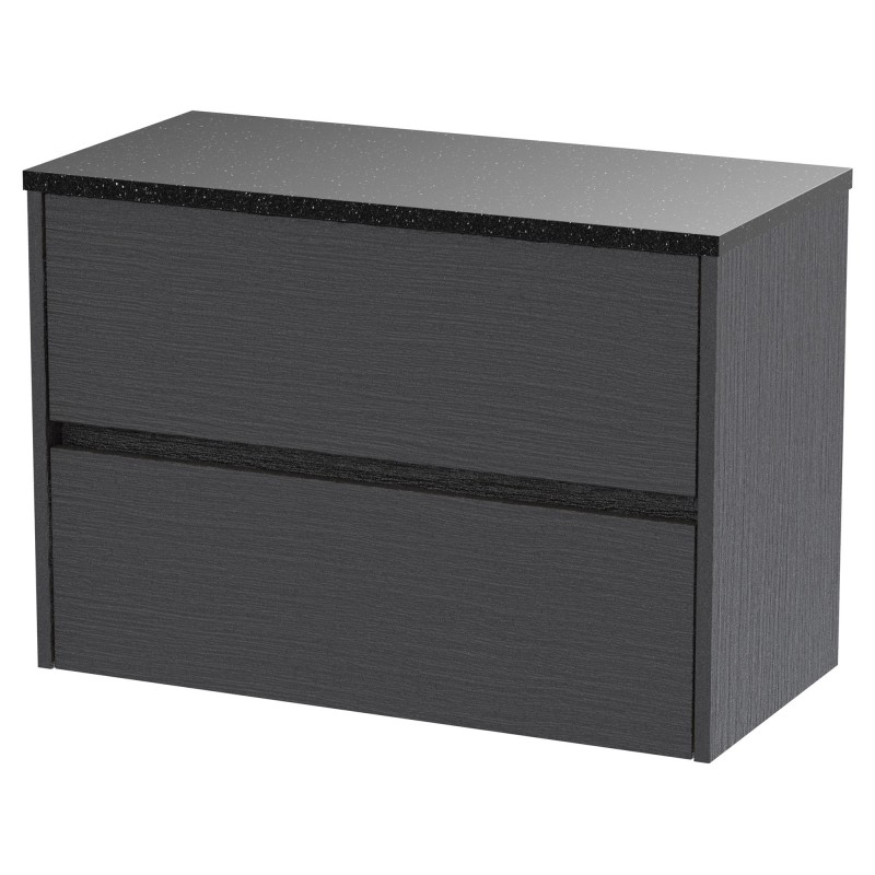 Havana 800mm Wall Hung 2 Drawer Vanity Unit with Sparkling Black Worktop - Graphite Grey Woodgrain Havana 800mm Wall Hung 2 Drawer Vanity Unit with Sparkling Black Worktop - Graphite Grey Woodgrain