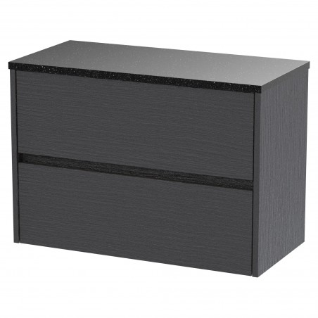 Havana 800mm Wall Hung 2 Drawer Vanity Unit with Sparkling Black Worktop - Graphite Grey Woodgrain