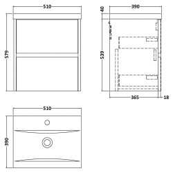 Havana 500mm Wall Hung 2 Drawer Vanity Unit with Mid-Edge Ceramic Basin - Matt Coastal Grey - Technical Drawing