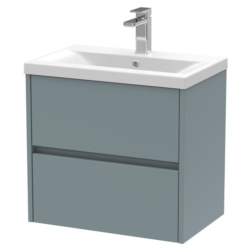 Havana 600mm Wall Hung 2 Drawer Vanity Unit with Mid-Edge Ceramic Basin - Matt Coastal Grey