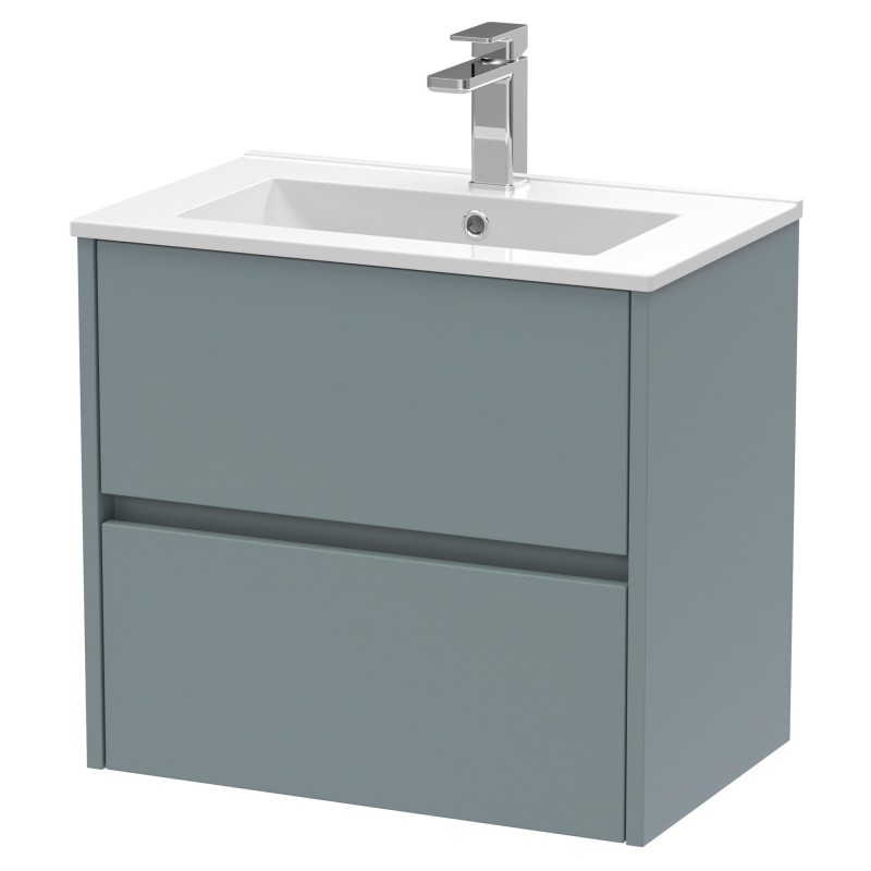 Havana 600mm Wall Hung 2 Drawer Vanity Unit with Minimalist Ceramic Basin - Matt Coastal Grey Havana 600mm Wall Hung 2 Drawer Vanity Unit with Minimalist Ceramic Basin - Matt Coastal Grey