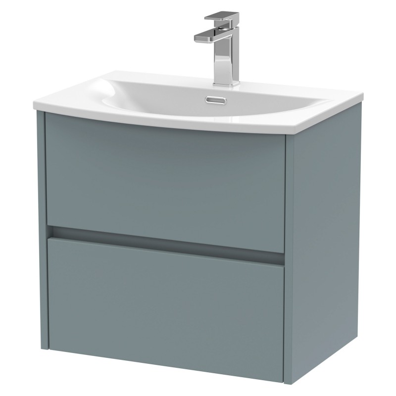 Havana 600mm Wall Hung 2 Drawer Vanity Unit with Curved Ceramic Basin - Matt Coastal Grey Havana 600mm Wall Hung 2 Drawer Vanity Unit with Curved Ceramic Basin - Matt Coastal Grey