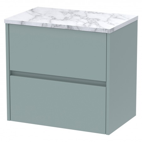 Havana 600mm Wall Hung 2 Drawer Unit With Carrera Marble Laminate Worktop - Coastal Grey