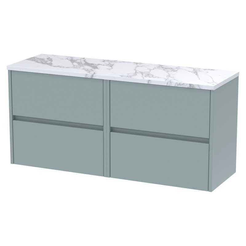 Havana 1200mm Wall Hung 4 Drawer Unit With Carrera Marble Laminate Worktop - Coastal Grey Havana 1200mm Wall Hung 4 Drawer Unit With Carrera Marble Laminate Worktop - Coastal Grey
