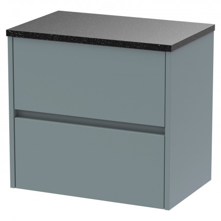 Havana 600mm Wall Hung 2 Drawer Vanity Unit with Sparkling Black Worktop - Matt Coastal Grey