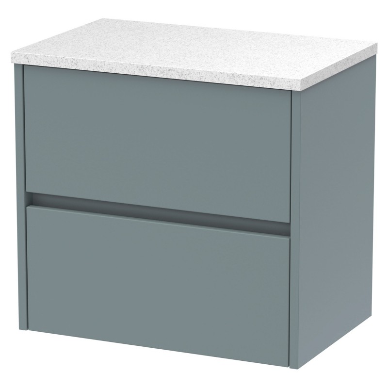 Havana 600mm Wall Hung 2 Drawer Vanity Unit with Sparkling White Worktop - Matt Coastal Grey Havana 600mm Wall Hung 2 Drawer Vanity Unit with Sparkling White Worktop - Matt Coastal Grey