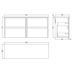 Havana 1200mm Wall Hung 4 Drawer Unit With White Sparkle Laminate Worktop - Coastal Grey - Technical Drawing