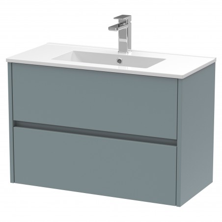 Havana 800mm Wall Hung 2 Drawer Vanity Unit with Minimalist Ceramic Basin - Matt Coastal Grey