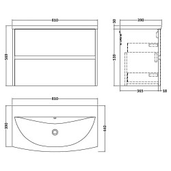 Havana 800mm Wall Hung 2 Drawer Vanity Unit with Curved Ceramic Basin - Matt Coastal Grey - Technical Drawing