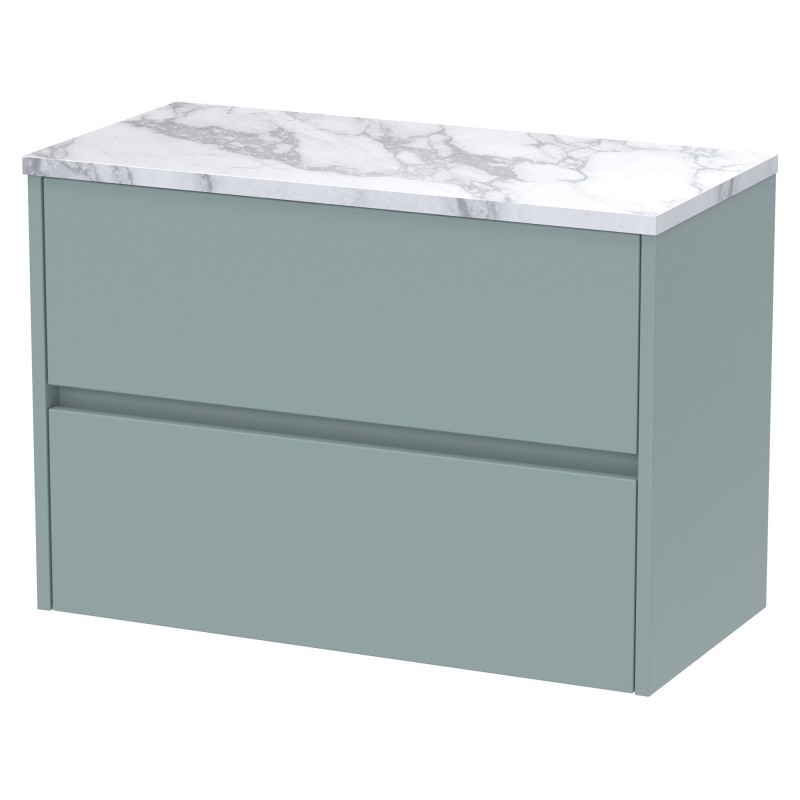 Havana 800mm Wall Hung 2 Drawer Unit With Carrera Marble Laminate Worktop - Coastal Grey