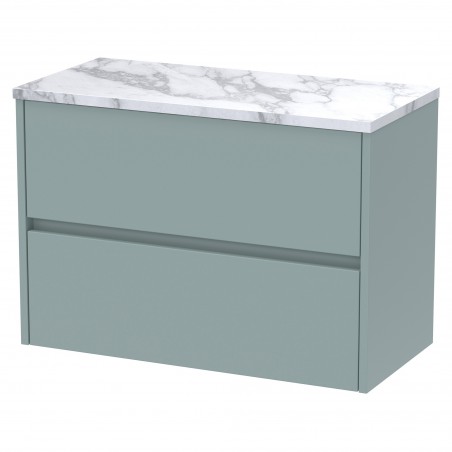 Havana 800mm Wall Hung 2 Drawer Unit With Carrera Marble Laminate Worktop - Coastal Grey