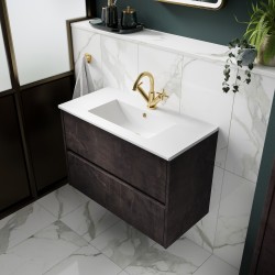 Havana 600mm Wall Hung 2 Drawer Vanity Unit with Minimalist Ceramic Basin - Metallic Slate - Insitu