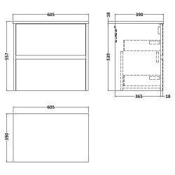 Havana 600mm Wall Hung 2 Drawer Vanity Unit with Worktop - Metallic Slate - Technical Drawing