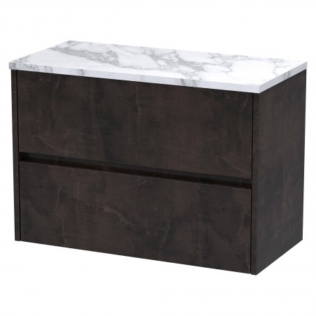 Havana 800mm Wall Hung 2 Drawer Unit With Carrera Marble Laminate Worktop - Metallic Slate