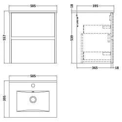 Havana 500mm Wall Hung 2 Drawer Unit With Minimalist Ceramic Basin - Midnight Blue - Technical Drawing