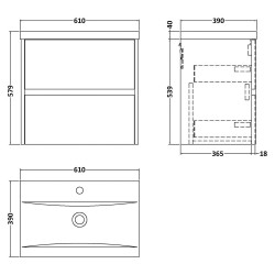 Havana 600mm Wall Hung 2 Drawer Unit With Mid-Edge Ceramic Basin - Midnight Blue - Technical Drawing