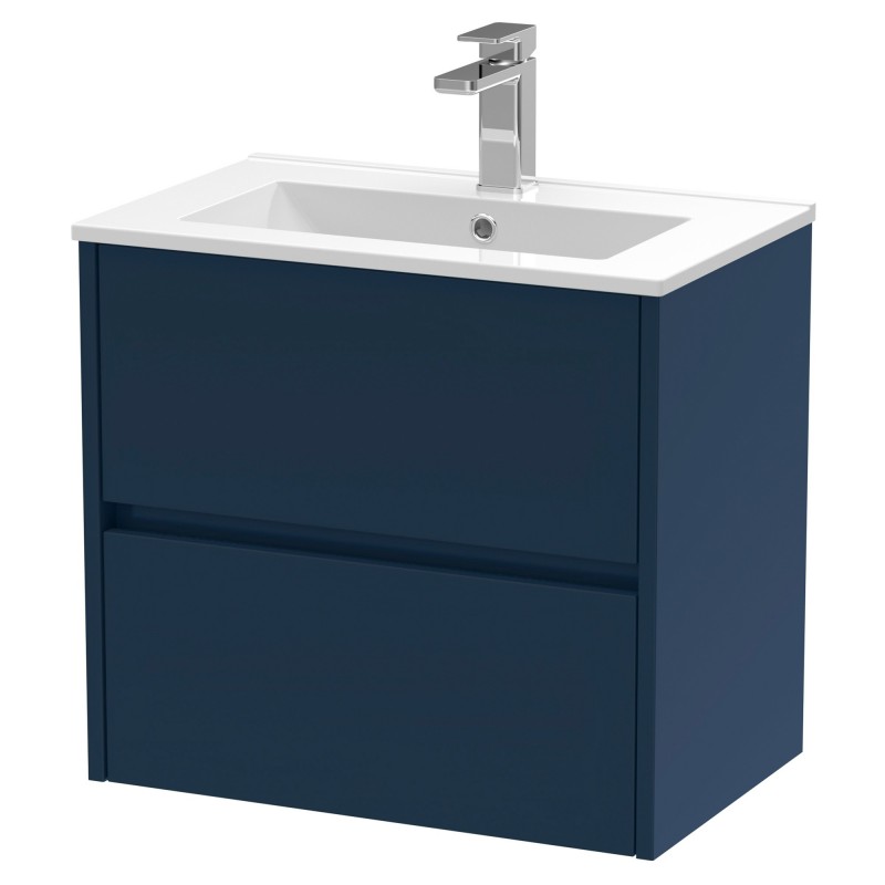 Havana 600mm Wall Hung 2 Drawer Unit With Minimalist Ceramic Basin - Midnight Blue Havana 600mm Wall Hung 2 Drawer Unit With Minimalist Ceramic Basin - Midnight Blue