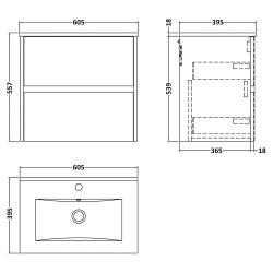Havana 600mm Wall Hung 2 Drawer Unit With Minimalist Ceramic Basin - Midnight Blue - Technical Drawing