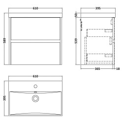Havana 600mm Wall Hung 2 Drawer Unit With Thin-Edge Ceramic Basin - Midnight Blue - Technical Drawing