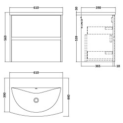Havana 600mm Wall Hung 2 Drawer Unit With Curved Ceramic Basin - Midnight Blue - Technical Drawing