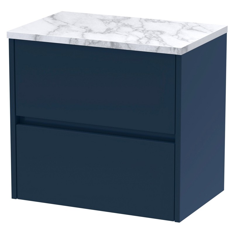 Havana 600mm Wall Hung 2 Drawer Unit With Carrera Marble Laminate Worktop - Midnight Blue Havana 600mm Wall Hung 2 Drawer Unit With Carrera Marble Laminate Worktop - Midnight Blue