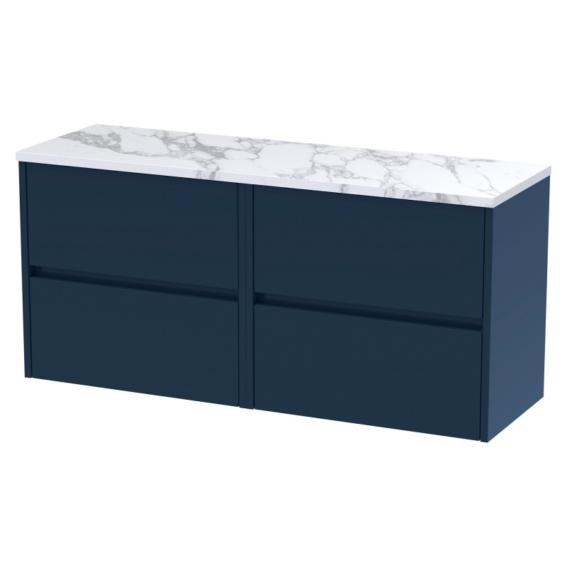 Havana 1200mm Wall Hung 4 Drawer Unit With Carrera Marble Laminate Worktop - Midnight Blue Havana 1200mm Wall Hung 4 Drawer Unit With Carrera Marble Laminate Worktop - Midnight Blue