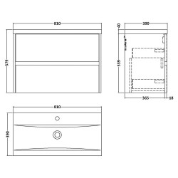Havana 800mm Wall Hung 2 Drawer Unit With Mid-Edge Ceramic Basin - Midnight Blue - Technical Drawing