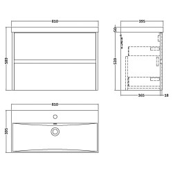 Havana 800mm Wall Hung 2 Drawer Unit With Thin-Edge Ceramic Basin - Midnight Blue - Technical Drawing
