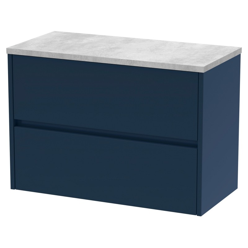 Havana 800mm Wall Hung 2 Drawer Unit With Bellato Grey Laminate Worktop - Midnight Blue Havana 800mm Wall Hung 2 Drawer Unit With Bellato Grey Laminate Worktop - Midnight Blue