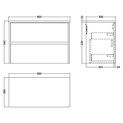 Havana 800mm Wall Hung 2 Drawer Unit With Bellato Grey Laminate Worktop - Midnight Blue - Technical Drawing