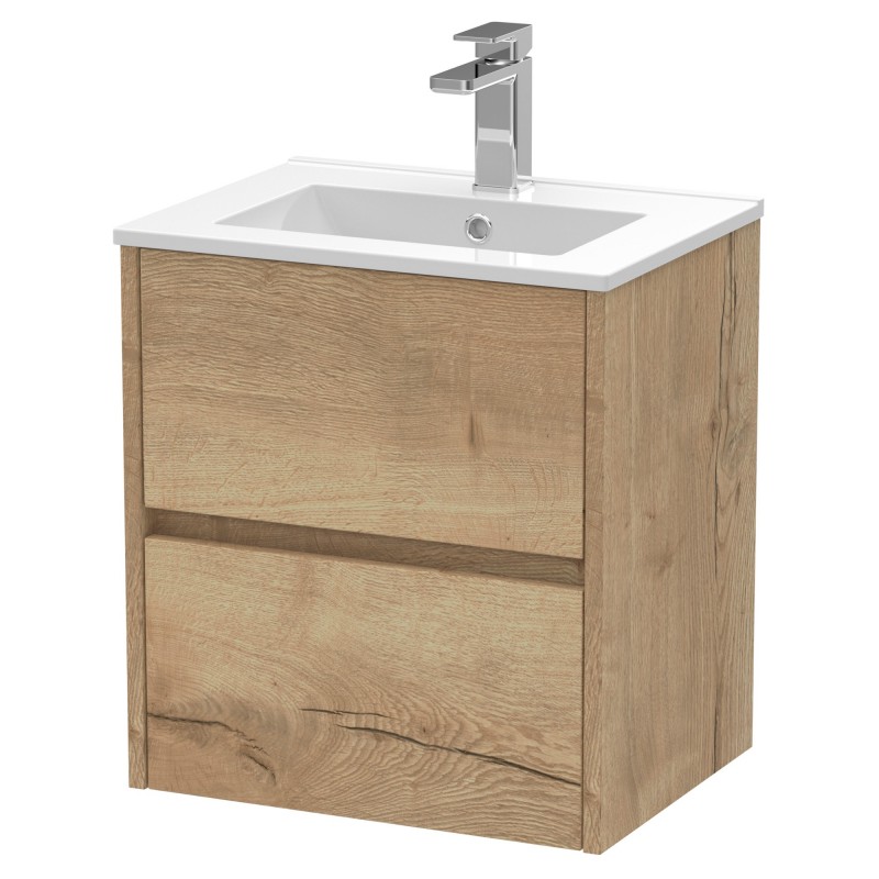 Havana 500mm Wall Hung 2 Drawer Vanity Unit with Minimalist Ceramic Basin - Autumn Oak Havana 500mm Wall Hung 2 Drawer Vanity Unit with Minimalist Ceramic Basin - Autumn Oak