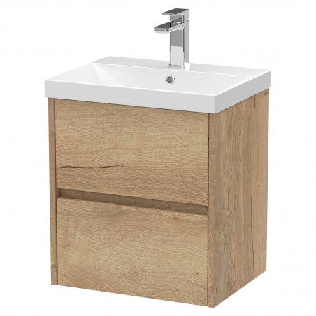 Havana 500mm Wall Hung 2 Drawer Vanity Unit with Thin-Edge Ceramic Basin - Autumn Oak