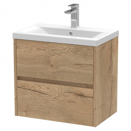 Havana 600mm Wall Hung 2 Drawer Vanity Unit with Mid-Edge Ceramic Basin - Autumn Oak