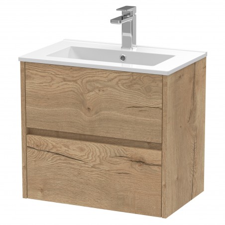 Havana 600mm Wall Hung 2 Drawer Vanity Unit with Minimalist Ceramic Basin - Autumn Oak