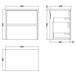 Havana 600mm Wall Hung 2 Drawer Vanity Unit with Bellato Grey Worktop - Autumn Oak - Technical Drawing