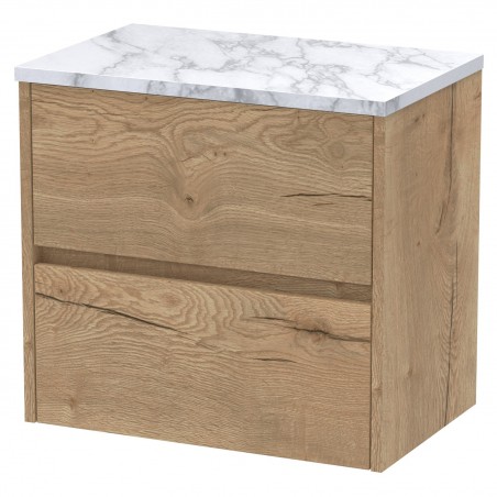 Havana 600mm Wall Hung 2 Drawer Unit With Carrera Marble Laminate Worktop - Autumn Oak