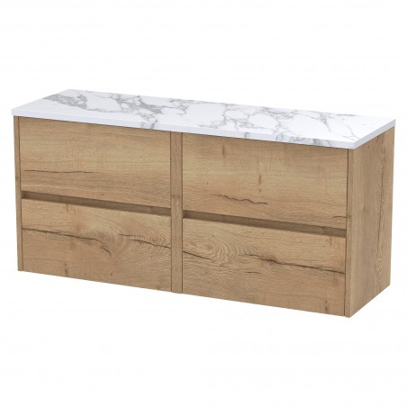 Havana 1200mm Wall Hung 4 Drawer Unit With Carrera Marble Laminate Worktop - Autumn Oak