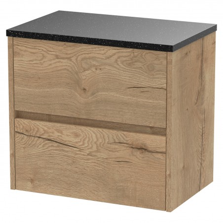 Havana 600mm Wall Hung 2 Drawer Vanity Unit with Sparkling Black Worktop - Autumn Oak