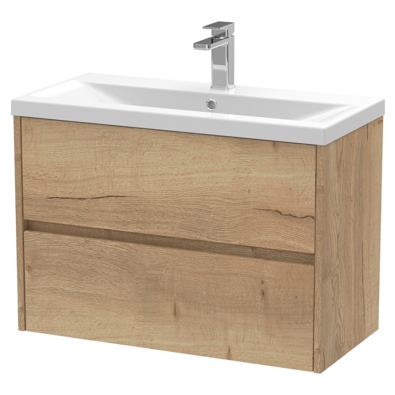 Havana 800mm Wall Hung 2 Drawer Vanity Unit with Mid-Edge Ceramic Basin - Autumn Oak Havana 800mm Wall Hung 2 Drawer Vanity Unit with Mid-Edge Ceramic Basin - Autumn Oak