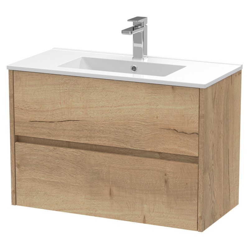 Havana 800mm Wall Hung 2 Drawer Vanity Unit with Minimalist Ceramic Basin - Autumn Oak Havana 800mm Wall Hung 2 Drawer Vanity Unit with Minimalist Ceramic Basin - Autumn Oak